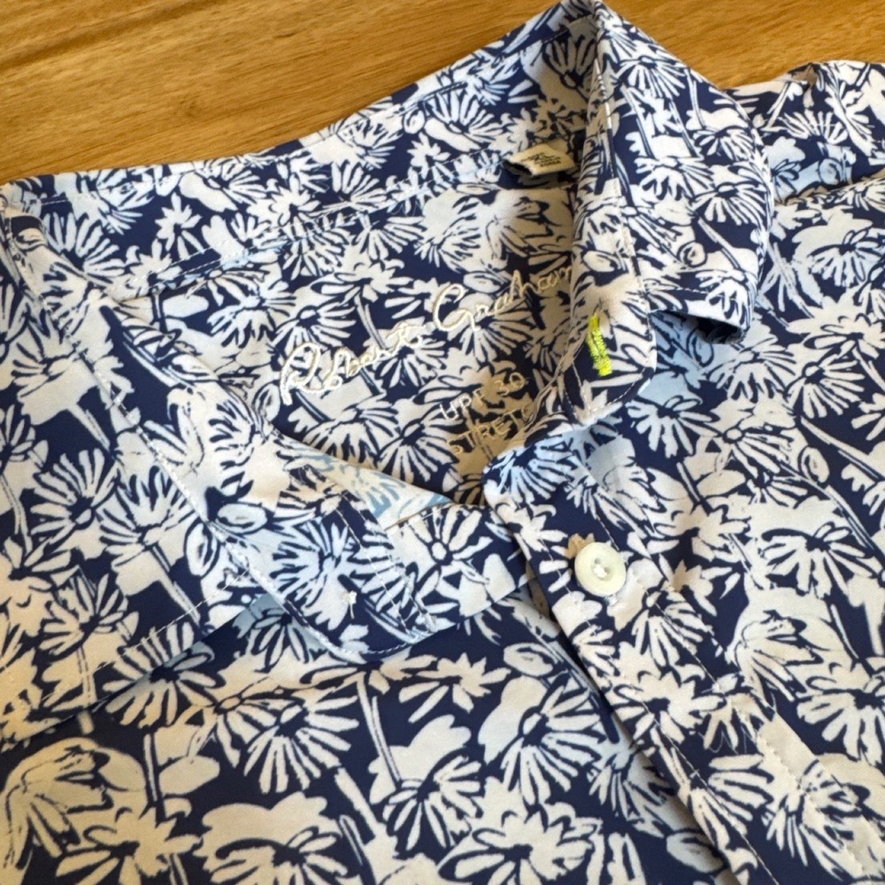 Robert Graham Mens XL Blue Floral Print Short Sleeve Button‎ Down Shirt UPF 30